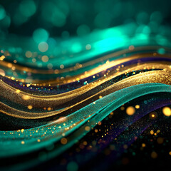 Glitter Emerald Golden Wave Stripes Design. Shiny moving lines design element with bokeh effect background