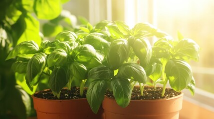 Basil plants flourishing in terracotta pots basking in sunlight