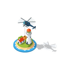 Helicopter hovering above tiny island lighthouse scene.