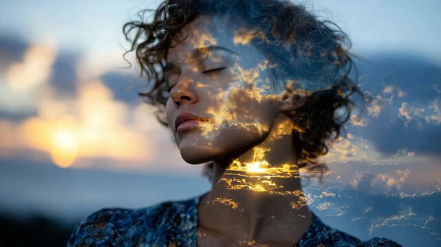 Conceptual portrait of a woman with sunrise clouds embedded within her silhouette, golden highlights on cheekbones and forehead, soft sky textures emphasizing mindfulness