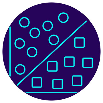 Support Vector Machines Icon. Minimalistic neon outline on a dark blue round background. Vector illustration of data points separated by a clear diagonal decision boundary, symbolizing classification