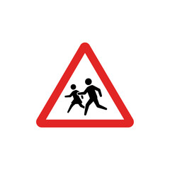 Triangular warning sign showing children crossing.