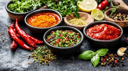 Colorful food sauces and spices artfully arranged for presentation