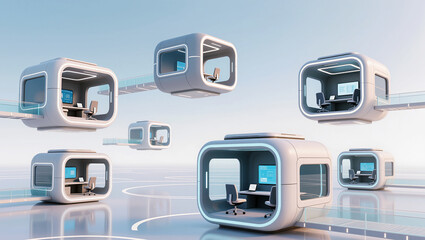 Futuristic workspaces in a vibrant digital landscape