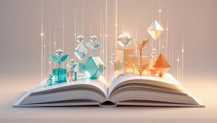 Magical book with colorful shapes and plants illuminating the pages
