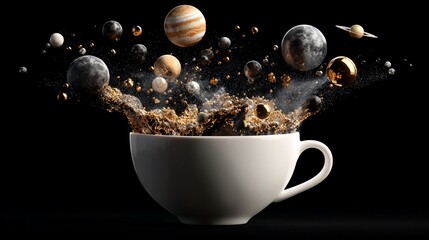 Planets erupting from a white cup on a black background, conceptual space art