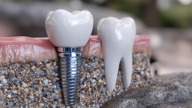 Cutaway view of molar implant system, crown removed to expose abutment and root structure, gum surface smooth and glossy, implant ridges sharply defined, medical training illustrat