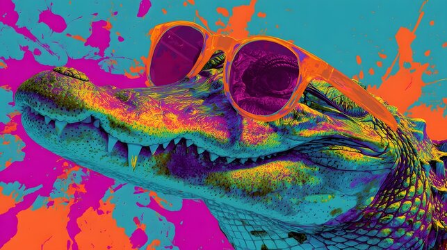 Cool Alligator Wearing Sunglasses with Vibrant Splash Background. - Powered by Adobe