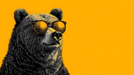 Cool Grizzly Bear Wearing Sunglasses on Yellow Background.