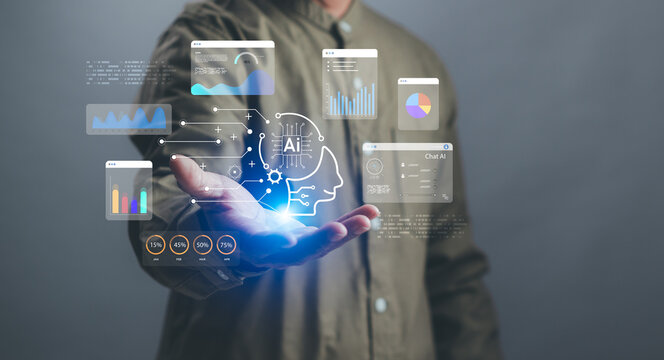 concept of artificial intelligence and data analysis, businessman demonstrates virtual interface of graph and holographic AI brain on hand, conveying future technology and intelligent work assistants - Powered by Adobe