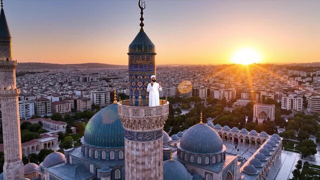 Muezzin on mosque minaret during sunset prayer call over an urban landscape