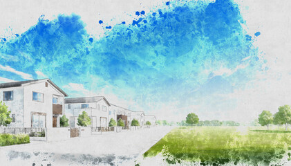 Watercolor illustration of a residential street with houses in pastel tones
