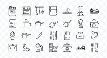 Fototapeta premium Set of 80 outline icons related to food and drink. Linear icon collection. Editable stroke. Vector illustration