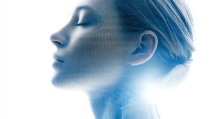 Digital Wireframe Female Head Profile on White Background