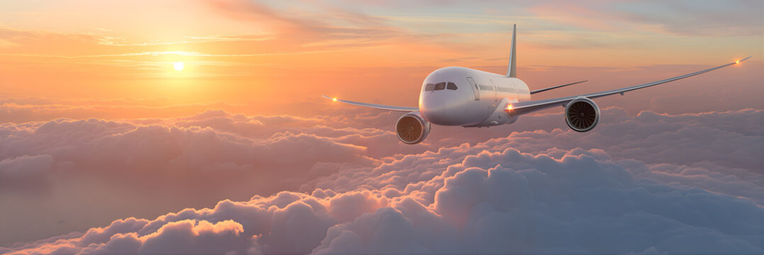 Passenger jet soaring over sea of clouds during sunset, fluffy cloud blanket below aircraft, backlit airplane, stunning twilight colors, professional travel photography.