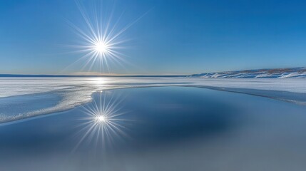 Bright sunlight reflecting on water and ice in winter