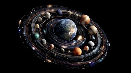 Planets orbiting earth in space; spirals of stardust; deep black background