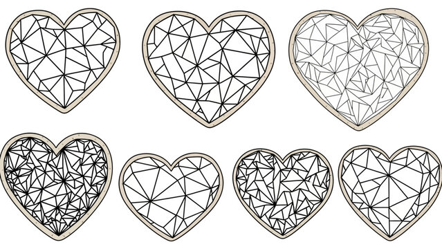 Set of abstract geometric heart illustrations featuring polygonal shapes and diverse line styles