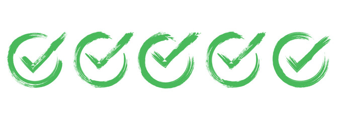 green checkmark icon inside square box, hand-drawn brush painted tick symbol. Check tick mark icon set. green check mark marker brush. sketch check boxes, tick.