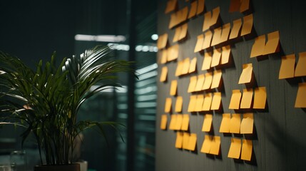Plant beside wall covered in yellow sticky notes, dim light in office space