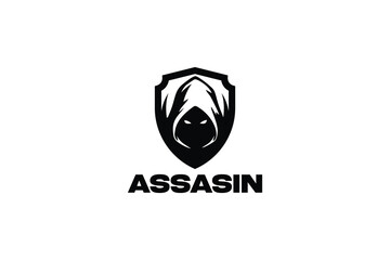 Ninja Assasin Character Logo Design with Mask and Hood in the shield