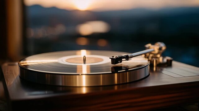 Elegant shot of spinning vinyl, stylus arm in motion, warm wood and metal tones of turntable emphasized, soft light highlighting analog details