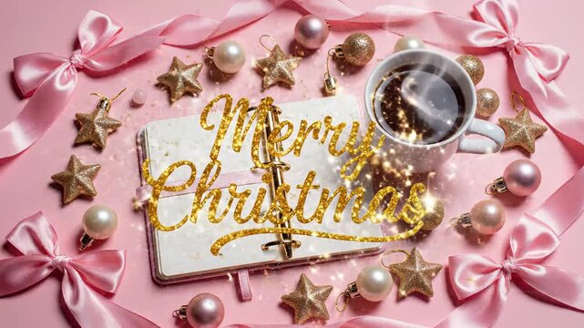 A cozy flat lay celebrating Christmas featuring pink ribbons, gold stars, and warm coffee.