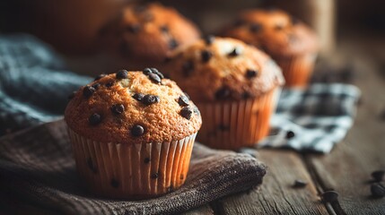 Delicious Chocolate Chip Muffins Freshly Baked on a Rustic Wooden Table.