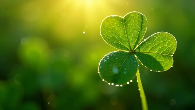 Single four leaf clover with morning dew drops standing tall in lush green grass under golden sunlight with soft bokeh, symbol of rare luck and fortune, concept of saint patricks day