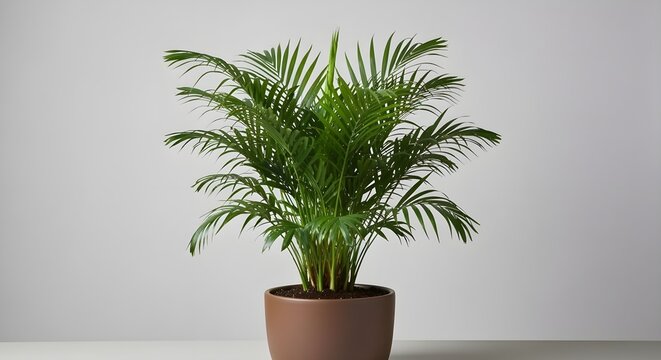Lush green parlor palm in a round dark brown pot on a light gray background. Feathery fronds, vibrant leaves, soft diffused lighting, clean studio shot, balanced composition, elegant and natural appea