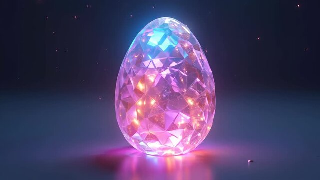 Magical glowing crystal easter egg filled with luminous pink and blue flowers radiating soft light on dark background, concept of easter, fantasy spring celebrations, premium greeting cards