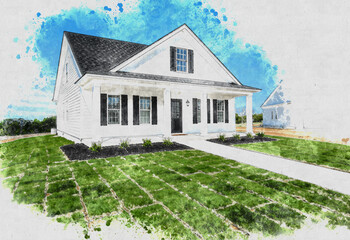 Watercolor illustration of a simple white country house with green lawn
