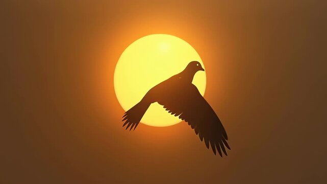 Silhouette of peaceful dove flying across glowing golden sun on warm brown background with halo effect, concept of holy spirit, christian faith, easter resurrection, peace and hope symbolism