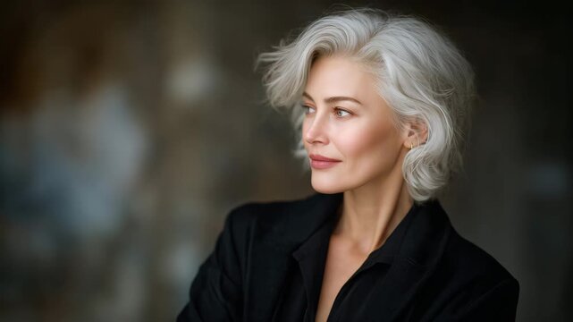 Glamorous silver-haired woman in black clothing, standing confidently under diffused studio light, subtle highlights accentuating her timeless beauty and self-assured presence