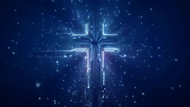 Radiant blue neon cross glowing with ethereal light trails against deep dark blue background with significant empty space, concept of christian faith, easter worship, spiritual inspiration, religious 