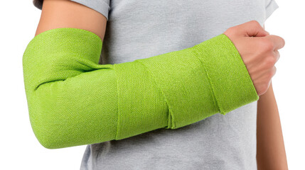 Obraz premium Close up view of a man wearing a gray arm sling, illustrating injury and support while highlighting the healing process, isolated against a transparent background