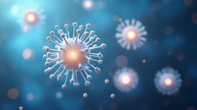 3d rendered coronavirus particles floating in blue microscopic environment with glowing cores and spike proteins, concept of virology research, pandemic awareness, medical science