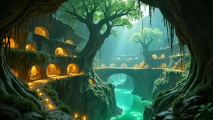 Dark Forest Tree City Water Path Art Illustration