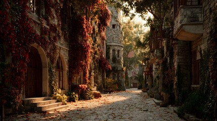 Fototapeta premium Old European Autumn Street with Golden Light, Ivy Walls.