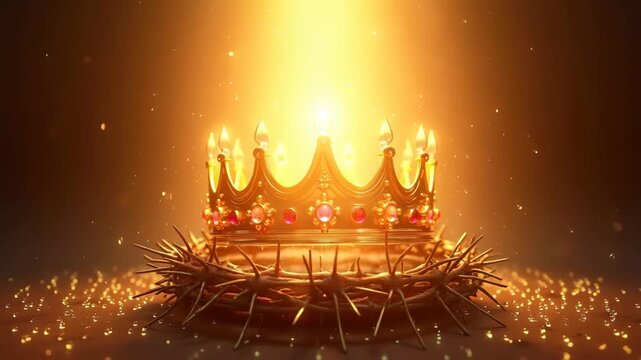 Golden royal crown with glowing jewels hovering above crown of thorns illuminated by divine light on dark background, concept of easter kingship, jesus resurrection, christian redemption