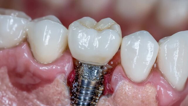 Highly detailed macro shot of a ceramic crown seated atop a titanium abutment, shiny metal threads visible in pink gum, clinical lighting highlighting the craftsmanship