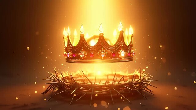 Golden royal crown with glowing jewels hovering above crown of thorns illuminated by divine light on dark background, concept of easter kingship, jesus resurrection, christian redemption