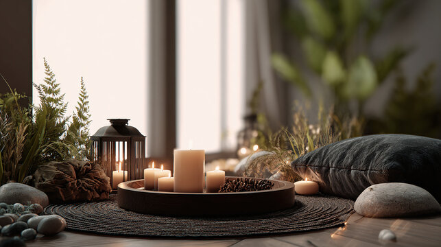 A serene ambiance with glowing candles, cushions, and greenery, evoking tranquility and relaxation