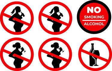 Warning signs during pregnancy, no smoking and no drinking alcohol, health risk icons, prohibited during pregnancy, icons to stop drinking alcohol, pregnant woman silhouette, prohibited red circles