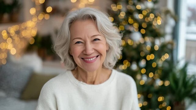 Joyful senior woman with gray hair in a cream sweatshirt standing in warmly lit living room, Christmas tree sparkling behind her, festive and heartwarming mood