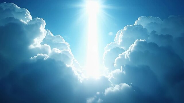 Bright divine light rays bursting through parted white clouds in deep blue sky, heavenly sunlight beam illuminating heavens, concept of christianity, hope, spiritual awakening
