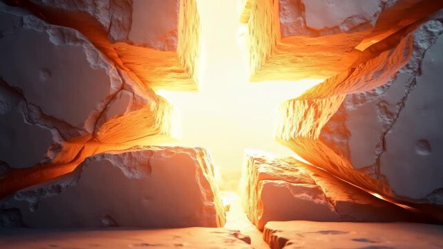 Cracked gray rock splitting open with radiant golden light bursting through central fissure, dramatic illumination in abstract stone texture scene, concept of breakthrough, hope, inspiration