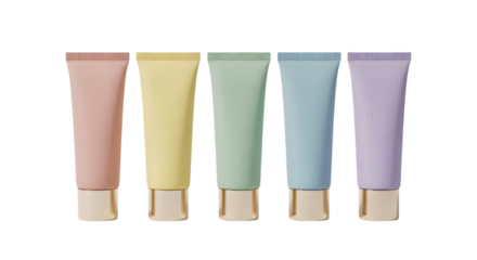 Set of Four Pastel Colored Cosmetic Cream Tubes with Gold Caps Isolated on transparent background