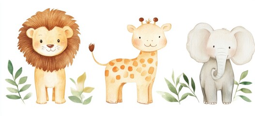 Naklejka premium Cute Jungle Animals Watercolor Illustration Set on White background