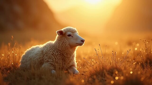 Lamb resting in golden dry grass in warm sunset field landscape creating a calm rural scene, concept of farming, confaithful seeking, biblical confirmation scene